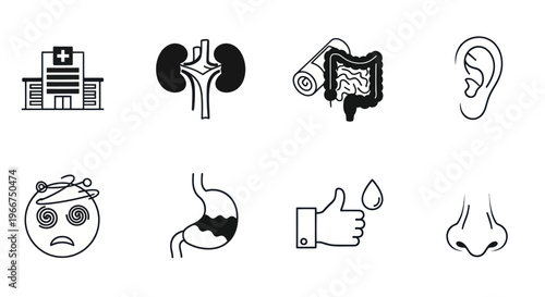 Medical Icons Set: Hospital, Kidneys, Intestines, Ear, Dizzy Face, Stomach, Drop, Nose