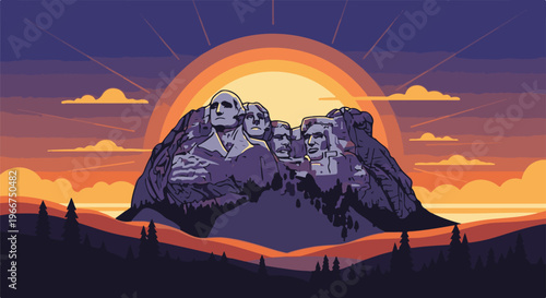 Pixelated monument faces glow under a vibrant sunset with silhouetted trees