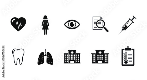Medical Icons Set: Heartbeat, Woman, Eye, Document, Syringe, Tooth, Lungs, Hospital, Thermometer