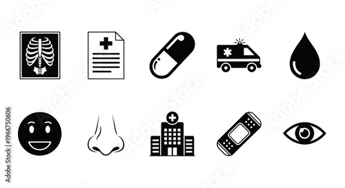 Medical Icons Set: Healthcare, Hospital, Ambulance, X-ray, Pill, Bandage, Eye, Nose