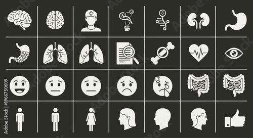 Medical Icons Set: Human Anatomy, Health, Emotions, and People Silhouettes