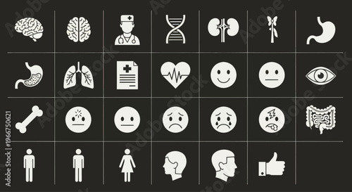 Medical Icons Set: Human Anatomy, Health, Emotions, and Science Symbols