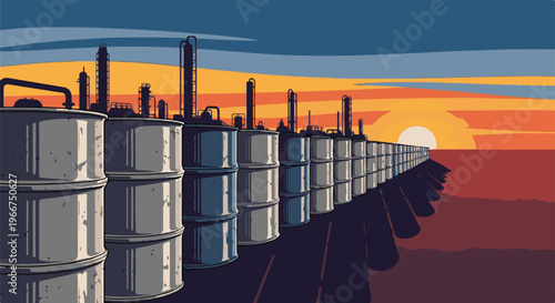 Industrial storage tanks at sunset