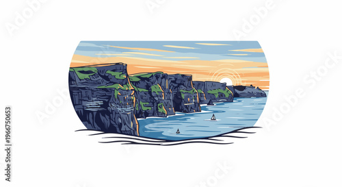 Pixel art ocean cliffs at sunset with sailboats on water