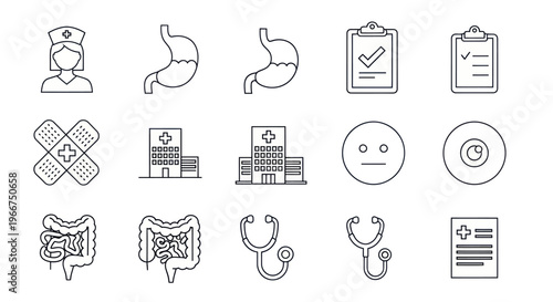 Medical Icons Set: Healthcare, Hospital, Stomach, Intestines, Nurse, Stethoscope, Bandage
