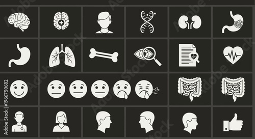 Medical Icons Set: Human Anatomy, Health, Emotions, Science, and Healthcare Symbols