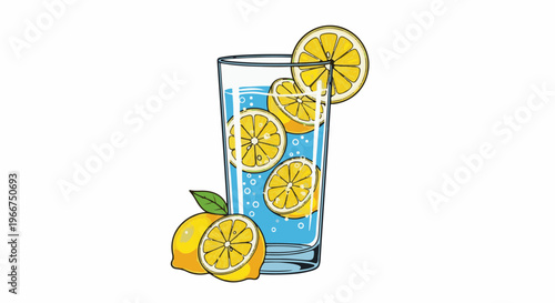 Refreshing beverage with lemon slices and bubbles