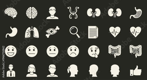 Medical Icons Set: Human Organs, Health, Emotions, and People Silhouettes