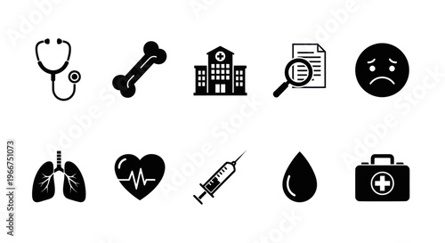 Medical Icons Set: Stethoscope, Bone, Hospital, Health, Illness, Lungs, Heartbeat, Syringe