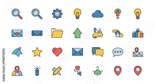 Modern Flat Icons Set: Search, Mail, Idea, Cloud, Location, Heart, Settings