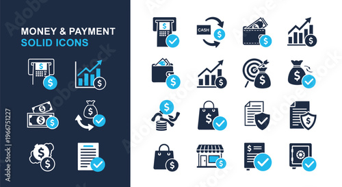 Collection of solid line icons representing various concepts related to money and payment transactions