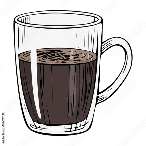 Large glass mug filled with dark black coffee for high energy morning boost and office caffeine break - Vector Illustration