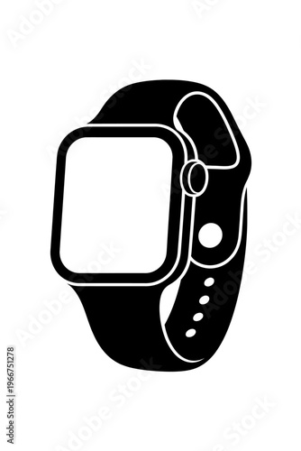 Sleek black & white smartwatch vector icon, minimalist design with square display, digital crown, & silicone band. Represents wearable tech for fitness, notifications, & connectivity. Ideal for UI/UX,
