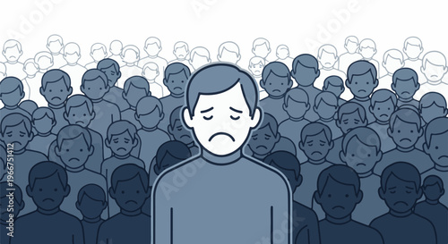 Sad person stands out from a large crowd of unhappy people