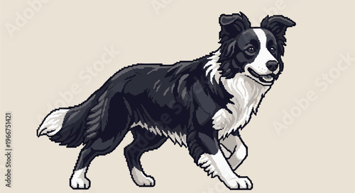 Pixel art of a black and white Border Collie dog walking