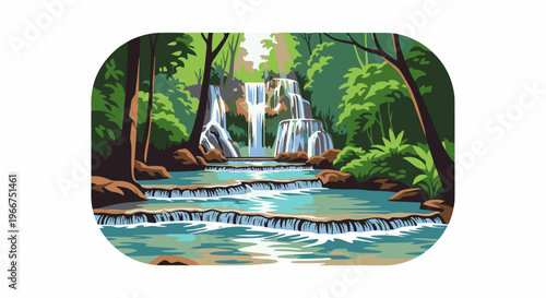 Lush green forest with cascading multi-tiered waterfalls and turquoise water