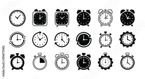 A diverse collection of clock, alarm, stopwatch, and time-related icons for various design applications.