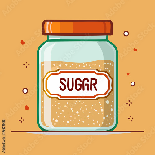 Glass sugar jar with lid and granular texture for sweetening morning coffee and professional cafe tabletop service - Vector Illustration