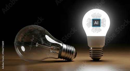 Artificial Intelligence innovation concept comparing old incandescent bulb with glowing smart AI light bulb for technology transformation website banner