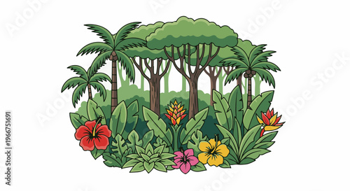 Lush tropical foliage with palm trees and vibrant jungle flowers
