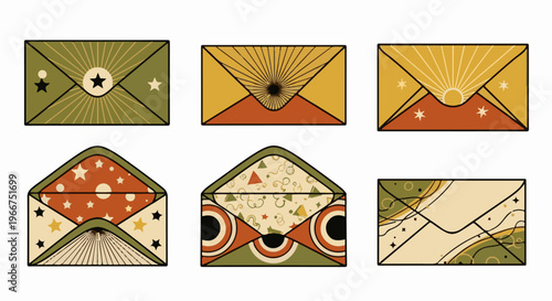 Six stylized envelopes with decorative vintage patterns in earthy tones