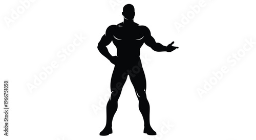 Muscular man in a powerful stance with one hand on hip and the other pointing outward confidently strong