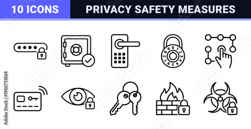 Cybersecurity and Data Protection Linear Graphic Elements featuring Minimalist Monoline Padlocks and Privacy Safety Outline Symbols