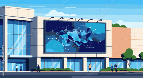 Modern building facade with digital art billboard and pedestrians