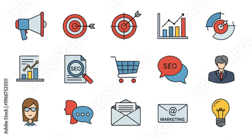 SEO Marketing Icons: Target, Graph, Megaphone, Shopping Cart, Email, Lightbulb, Chat