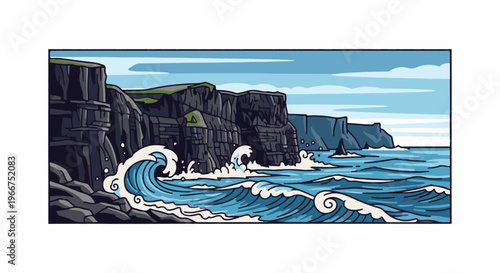 Pixelated cliffs and waves under a striped sky, a scenic coastal view