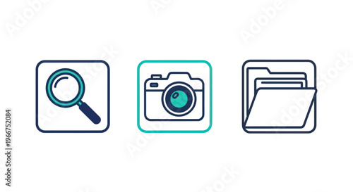 Search, Camera, Folder Icons: Digital Information and Content Management