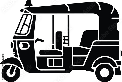 Black and white silhouette of a three wheeled auto rickshaw three wheeler vehicle transportation