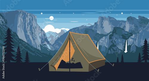 Pixelated scene of a tent pitched at night with mountains and stars
