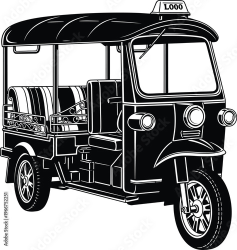 Black and white of a tuk auto rickshaw with striped seats and a taxi sign transportation vehicle