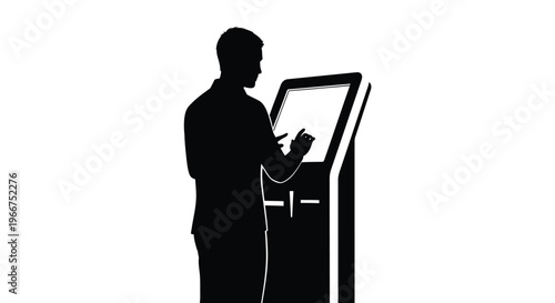 Man in silhouette interacting with a large digital screen display using a stylus