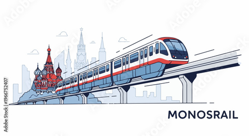 Modern monorail train glides past iconic historical buildings