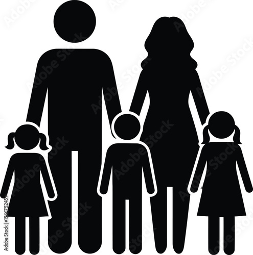 Black silhouette of a family with two children standing together people woman