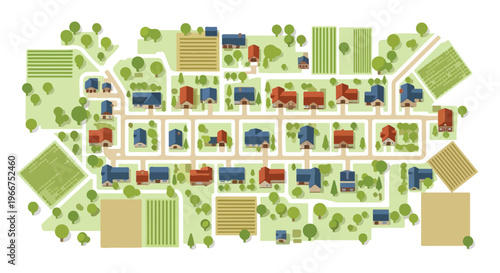 Suburban neighborhood map vector with residential houses and green parks. Aerial view of a small town community layout. Urban planning and real estate concept.