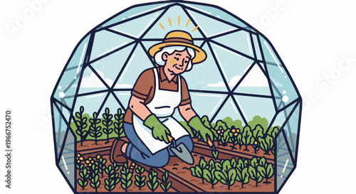 Elderly person tending to plants inside a geodesic dome greenhouse