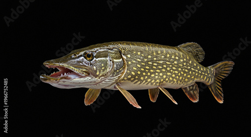 Fresh Northern Pike Fish with Open Mouth and Spotted Green Body in Black Background