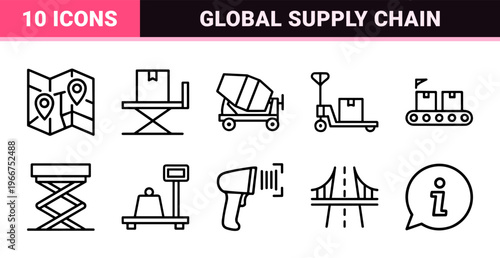 Commercial Freight Logistics and Global Supply Chain Management Outline Icons featuring Minimalist Geometric Vector Shipping and Transport Symbols