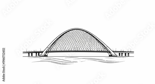 Elegant arch bridge spanning water, supported by pillars, with a network structure