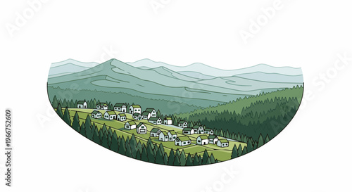 Quaint village nestled on a green hillside, surrounded by lush forests and distant mountains