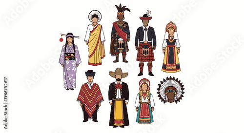 Diverse figures in traditional cultural attire, depicted in pixel art style