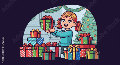 Excited child holding a gift near a decorated Christmas tree and presents