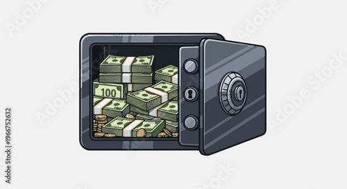 Open safe overflowing with stacks of cash and scattered coins