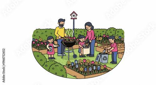 Family barbecue and gardening in a colorful garden setting
