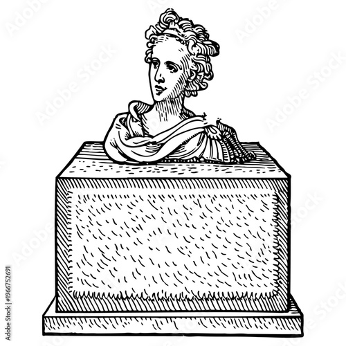 Classical Female Bust on Pedestal, Heraldic Renaissance Emblem, Vintage Engraving