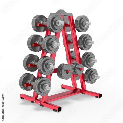 3d Hanteln mit Gewichten auf Ständer im Fitnessstudio, freigestellt auf transparenten Hintergrund