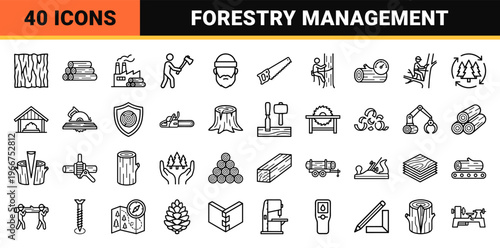 Lumberjack and Forestry Management Monoline Icon Set Featuring Timber Processing Woodworking Tools and Sustainable Forest Conservation Outlines